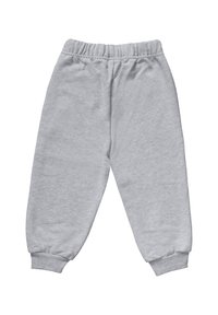 Hellgraue Kleinkind-Sweatpants mit elastischem Bündchen und gerippten Bündchen vor einem weißen Hintergrund.