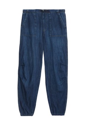 Dunkelblaue Denim-Hose mit elastischem Bund und Kordelzug, zwei Fronttaschen und lässigem Schnitt mit gerafften Bündchen.