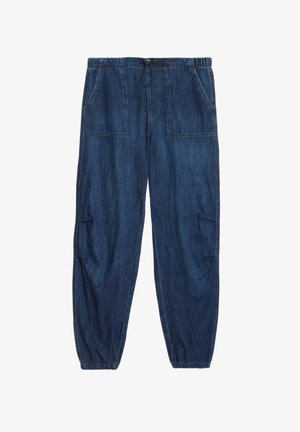 Jeans di colore blu scuro, con vita elastica e cordino, due tasche anteriori e una vestibilità comoda con polsini arricciati.