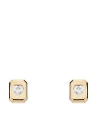Pendientes de botón de oro con forma rectangular, que presentan una gema clara en forma de corazón en el centro y una superficie pulida y reflectante.