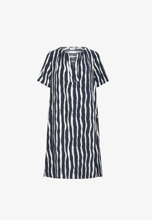 Navy och vit randig linneklänning med korta ärmar, V-ringning och A-linjeform. Har ett texturerat, lätt tyg.