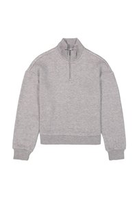 Grijze sweatshirt met een kwart-rits kraag, ribgebreide manchetten en zoom. Gemaakt van zacht materiaal, met een verlengde schouderlijn en een ontspannen pasvorm.
