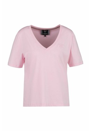 Roze katoenen V-hals t-shirt met korte mouwen, voorzien van een kleine logo-opdruk en een klassieke pasvorm. Gladde textuur en casual ontwerp.