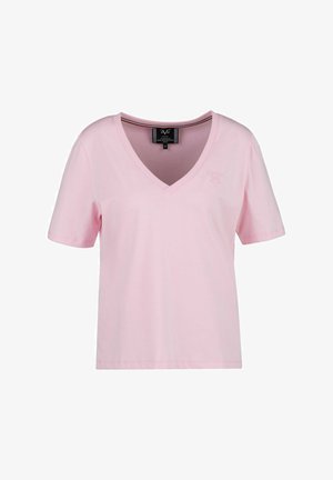 Roze katoenen V-hals t-shirt met korte mouwen, voorzien van een kleine logo-opdruk en een klassieke pasvorm. Gladde textuur en casual ontwerp.