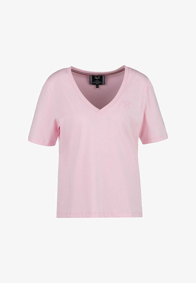 Roze katoenen V-hals t-shirt met korte mouwen, voorzien van een kleine logo-opdruk en een klassieke pasvorm. Gladde textuur en casual ontwerp.