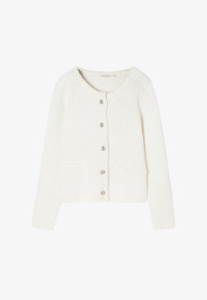 Valge kudumi kardigan ümmarguse kaelusega, kuue esise kinnitusega, kahe esikoti ja tekstuuriga kangaga.