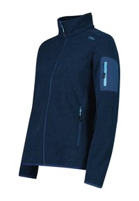 Marineblå tekstureret lynlåstrøje med høj krave, lynlåslommer i siden og lys blå lynlåslomme på den øverste venstre ærme.