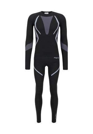 Black thermal long-sleeve top and leggings featuring gray accents and patterns. Made of a stretchy, smooth fabric. Suitable for athletic use.