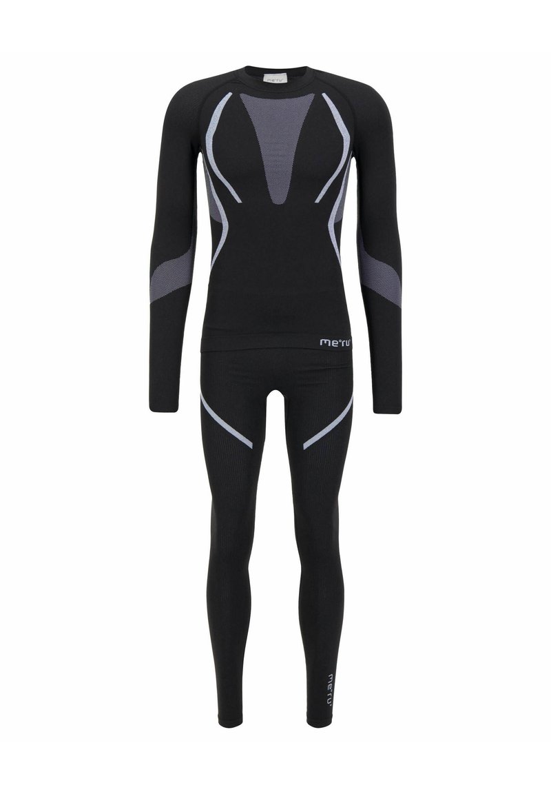 Schwarzes Thermal-Longsleeve-Oberteil und Leggings mit grauen Akzenten und Mustern. Hergestellt aus einem dehnbaren, glatten Stoff. Geeignet für sportliche Aktivitäten.