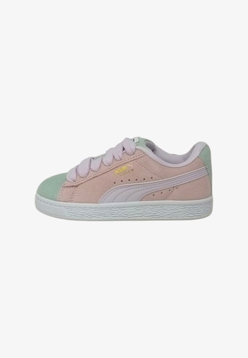 Low-top sneakers in pink and mint green suede, featuring white accents, textured rubber sole, and classic branding on the side.