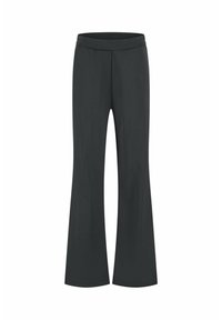 Zwarte flared broek van een gladde stof, met brede pijpen en een elastische tailleband. Eenvoudig ontwerp zonder zichtbare patronen of hardwaredetails.