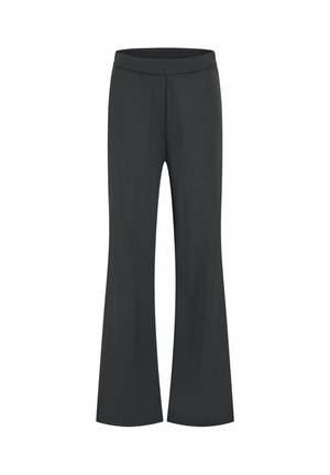 Zwarte flared broek van een gladde stof, met brede pijpen en een elastische tailleband. Eenvoudig ontwerp zonder zichtbare patronen of hardwaredetails.