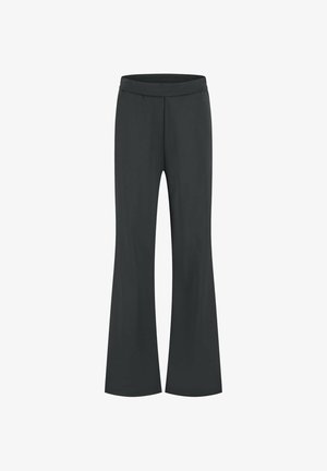 Zwarte flared broek van een gladde stof, met brede pijpen en een elastische tailleband. Eenvoudig ontwerp zonder zichtbare patronen of hardwaredetails.