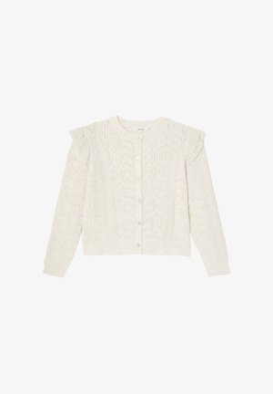 Gilet en tricot blanc avec un motif en cable texturé, un col rond, quatre boutons sur le devant et des accents de poignets froncés.