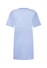 Blue and white striped short-sleeve T-shirt dress, featuring a crew neck and soft cotton material, with a loose, relaxed fit.