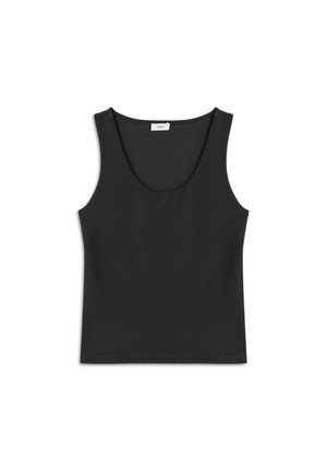 Czarny bezrękawnik z okrągłym dekoltem, wykonany z gładkiego materiału, z prostym wykończeniem i metką z napisem "TWIST" z tyłu.