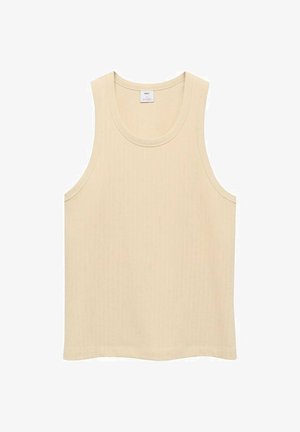 Beige ribbed tanktop med rund hals og brede armhuller, med en glat overflade og subtile mønstre. Etiket placeret ved halsudskæringen.