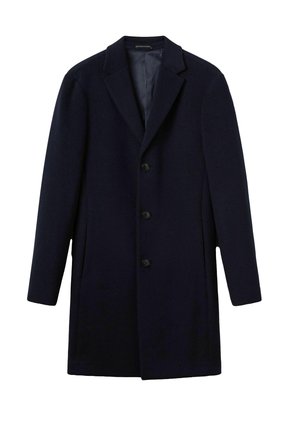 Navyfarbener Wollmantel mit Revers, fünfknöpfigemverschluss, Seitentaschen und geradem Schnitt. Glatte Textur, minimalistisches Design.