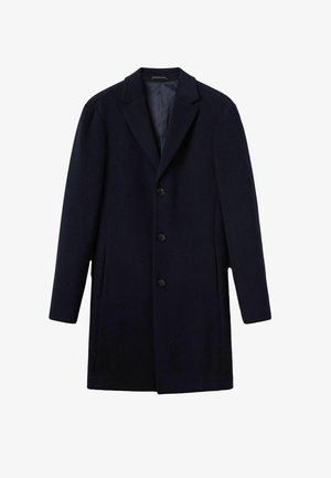 Cappotto in lana navy con rever a contrasto, chiusura a cinque bottoni, tasche laterali e taglio dritto. Texture morbida, design minimalista.