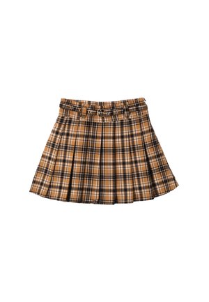Geruite rok in bruin en zwart met plooien, voorzien van een ceintuur in de taille en een uitlopende stijl. Gemaakt van een lichtgewicht stof met een gladde textuur.