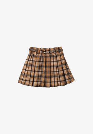 Gonna scozzese in marrone e nero con pieghe, caratterizzata da una vita con cintura e un design svasato. Realizzata in tessuto leggero con una consistenza liscia.