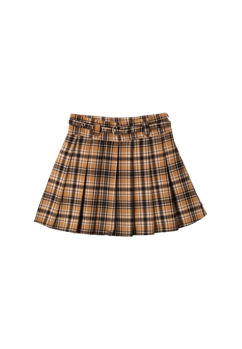 Falda de cuadros en marrón y negro con pliegues, que presenta una cintura con cinturón y un diseño acampanado. Hecha de tela ligera con una textura suave.