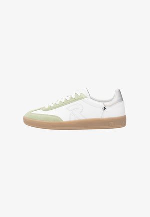 White leather sneakers with light green suede accents, round toe, flat laces, and gum rubber sole. Features stitched logo on the side.