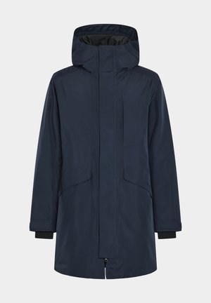 Marineblå vattentät parka med hög krage, dold dragkedja, två framfickor och elastiska ärmslut. Slät textur och strömlinjeformat design.