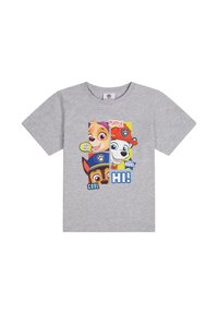 Graues Baumwoll-T-Shirt mit einem bunten Grafikdesign von Cartoon-Hunden und Textelementen: "SPIELERISCH," "ICH HAB DAS!" und "HI!" auf der Vorderseite.