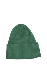 Berretto in maglia verde con texture a coste, caratterizzato da un bordo ripiegato e una parte superiore affusolata, realizzato in materiale morbido e elasticizzato.