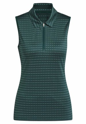 Sleeveless polo in dark green, featuring a zip closure and horizontal stripes in lighter shades. Made from a smooth, stretchy fabric.