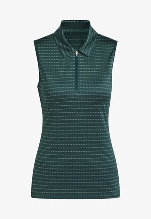 Majica bez rukava u tamnozelenoj boji, s patentnim zatvaračem i horizontalnim prugama u svjetlijim nijansama. Izrađena od glatkog, rastezljivog materijala.