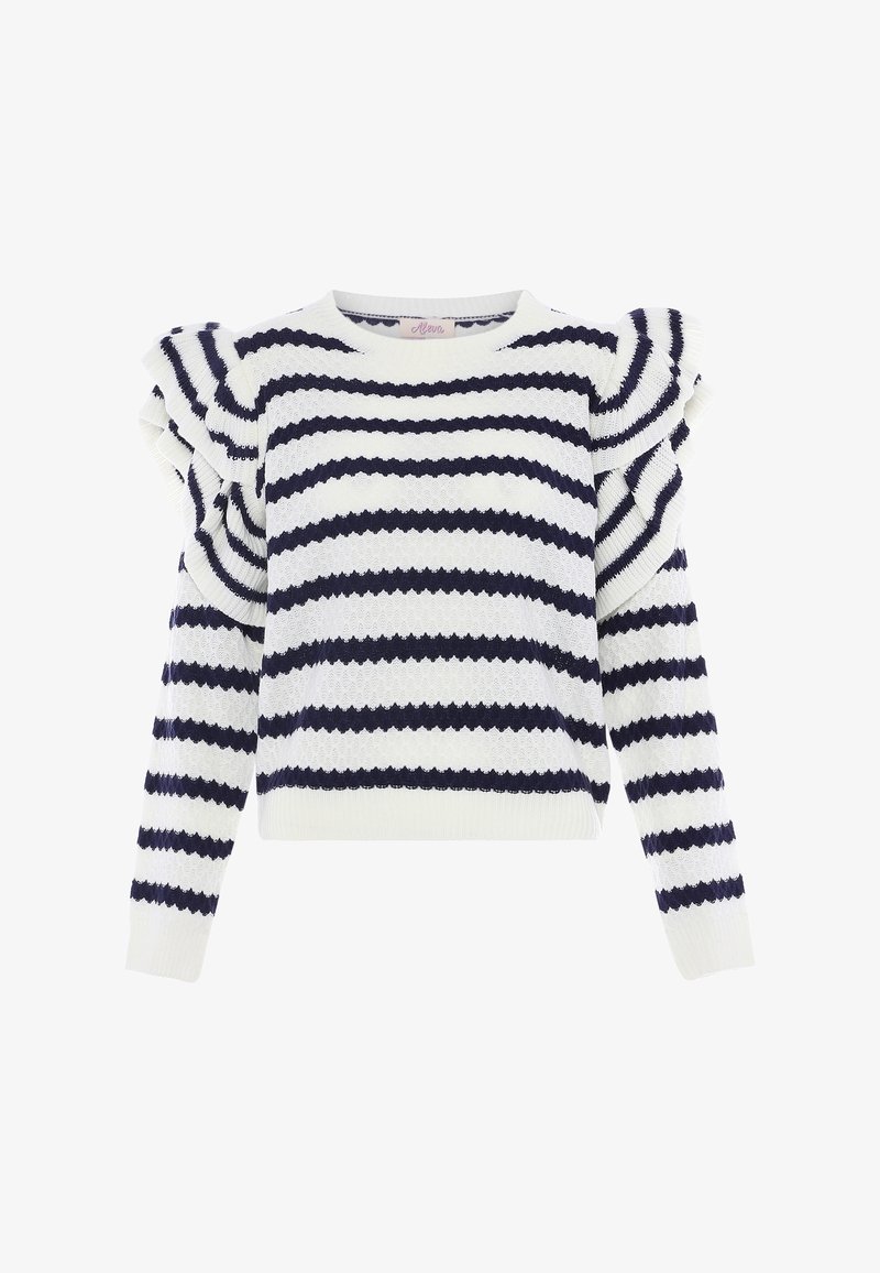 Weißes Langarm-Sweatshirt mit navyblauen horizontalen Streifen. Verfügt über Rüschensaum an den Ärmeln und einen runden Ausschnitt. Stricktextur mit verkürztem Schnitt.