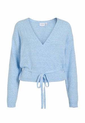 Hele sinine rüütatud kampsun V-kaelusega, pikkade varrukatega ja vöökohaga seotud. Valmistatud pehmest, tekstureeritud kangast, millel on soonilised mansetid ja äär.