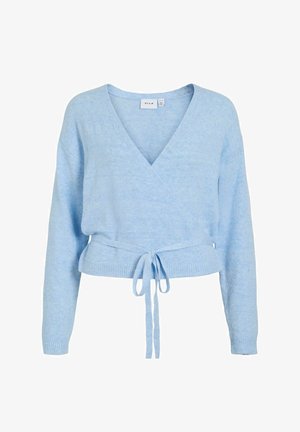 Hele sinine rüütatud kampsun V-kaelusega, pikkade varrukatega ja vöökohaga seotud. Valmistatud pehmest, tekstureeritud kangast, millel on soonilised mansetid ja äär.