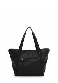Czarna skórzana torba typu tote o teksturowanym wykończeniu, z podwójnymi uchwytami i przednią kieszenią na zamek. Charakteryzuje się minimalistycznym designem i kanciastym kształtem.