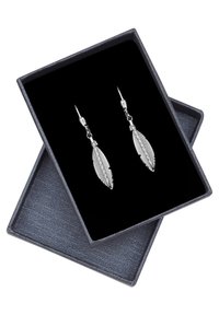 Silverfärgad örhängen i form av fjädrar presenterade i en grå smyckesask med svart sammetfoder och strukturerad yta.