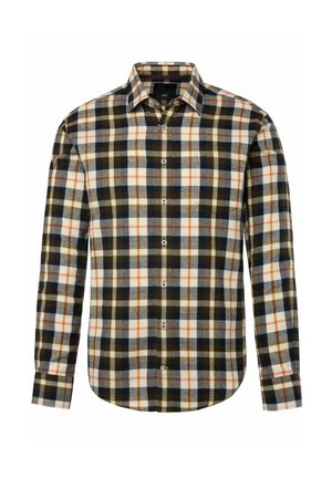 Camicia a maniche lunghe con bottoni, caratterizzata da un motivo a quadri multicolore nei colori nero, bianco, arancione e grigio, con colletto classico e orlo curvo.