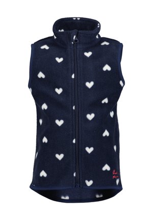 Veste sans manches en polaire bleu marine avec fermeture éclair, motifs de cœurs blancs, col montant pour plus de chaleur.