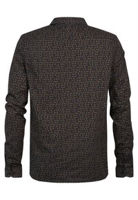 Camisa de manga larga de tejido azul oscuro con un patrón texturizado de formas beige. Presenta un collar estándar y puños abotonados.