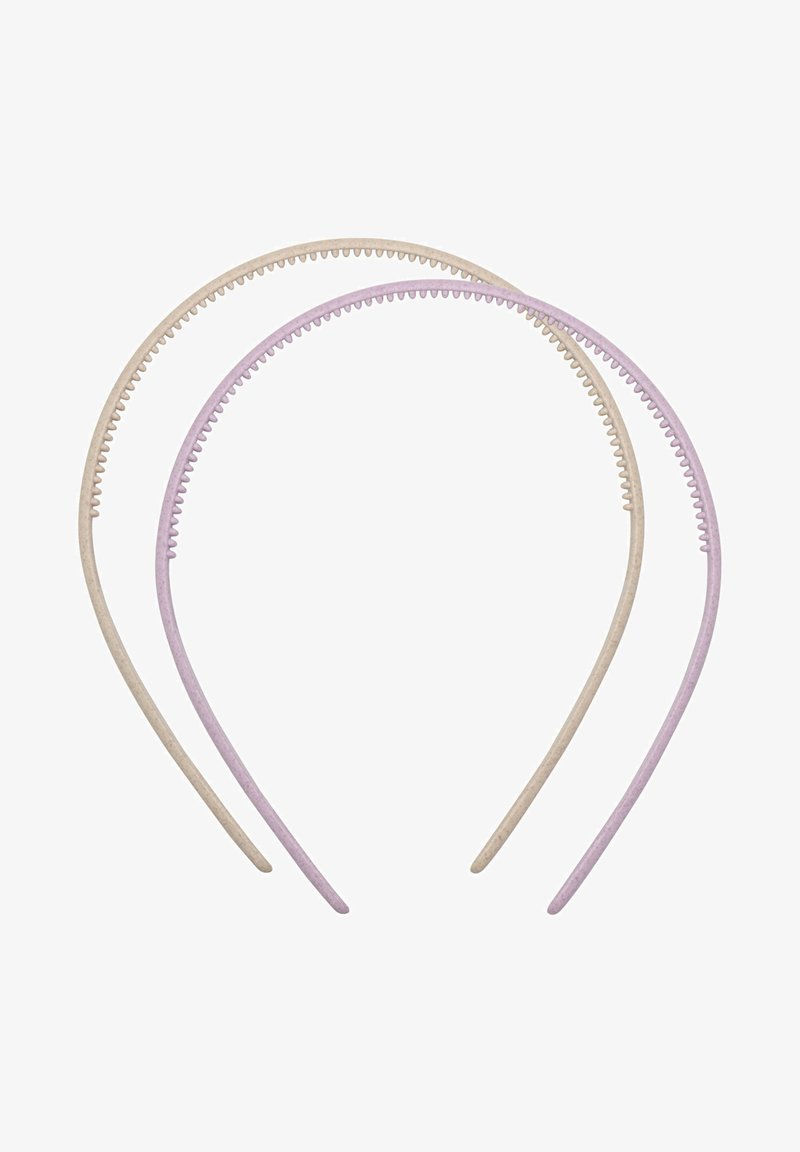 Zwei Haargummis in beige und hellpurpur, mit dünnem, rundem Design, aus flexiblem Material mit kleinen Zähnchen entlang der Innenseite für besseren Halt.