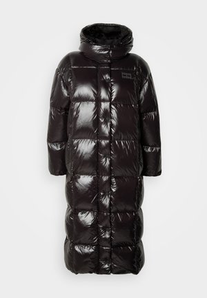 Black puffer coat with shiny, quilted texture featuring a high collar and long sleeves. Design includes snap button closures and side pockets.