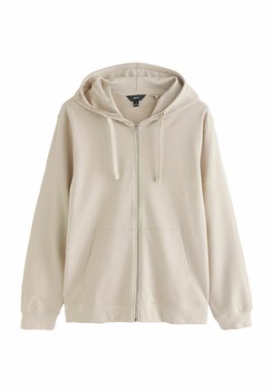 Beige zip-up hættetrøje med snoretræk, to forlommer og ribbede manchetter. Lavet af blødt stof med en glat tekstur.