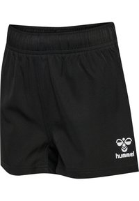 Zwarte sportshorts van gladde stof met een brede elastische tailleband, met een wit logo aan de onderzijde rechts.