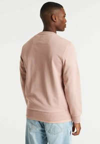 Sudadera de color rosa claro con mangas largas, puños acanalados y cuello redondo. Fabricada con un tejido suave con acabado texturizado. La parte trasera muestra un pequeño detalle de logo.