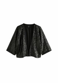 Veste noire pailletée avec un décolleté en V et de larges manches chauve-souris. L'intérieur est uni, contrastant avec la texture et la surface brillantes de l'extérieur.