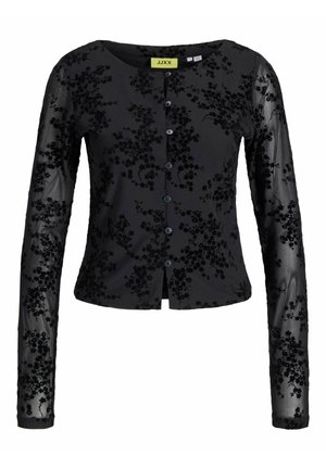 Svart cardigan med långa genomskinliga ärmar, med blommönster och knappstängning fram. Tillverkad av lätt tyg med en slät textur.