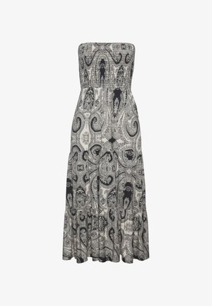 Strapless maxi robe in zwart-wit paisley patroon, met een smock-borst en een gelaagde rok van zachte, lichte stof.