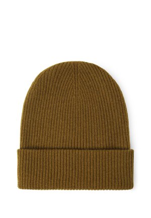 Bonnet en maille côtelée marron avec bord replié, présenté à plat sur fond blanc.