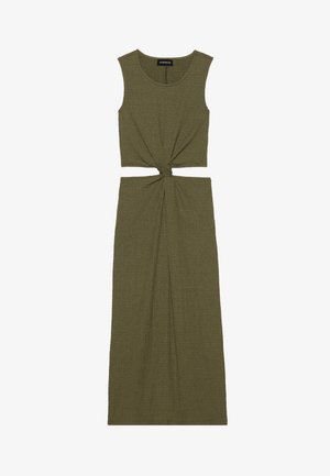 Olive green, sleeveless dress featuring a twisted knot detail at the waist, made from textured fabric with a floor-length design.